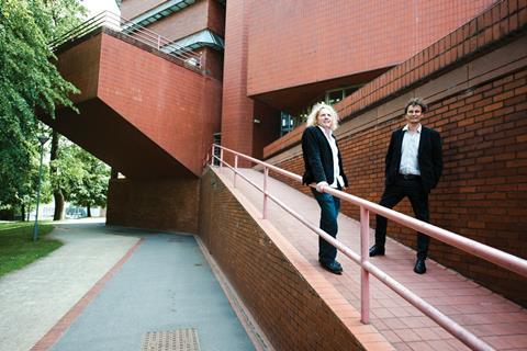 Dominic Cullinan (left) and Jon Buck at the entrance to the Engineering Building tower.